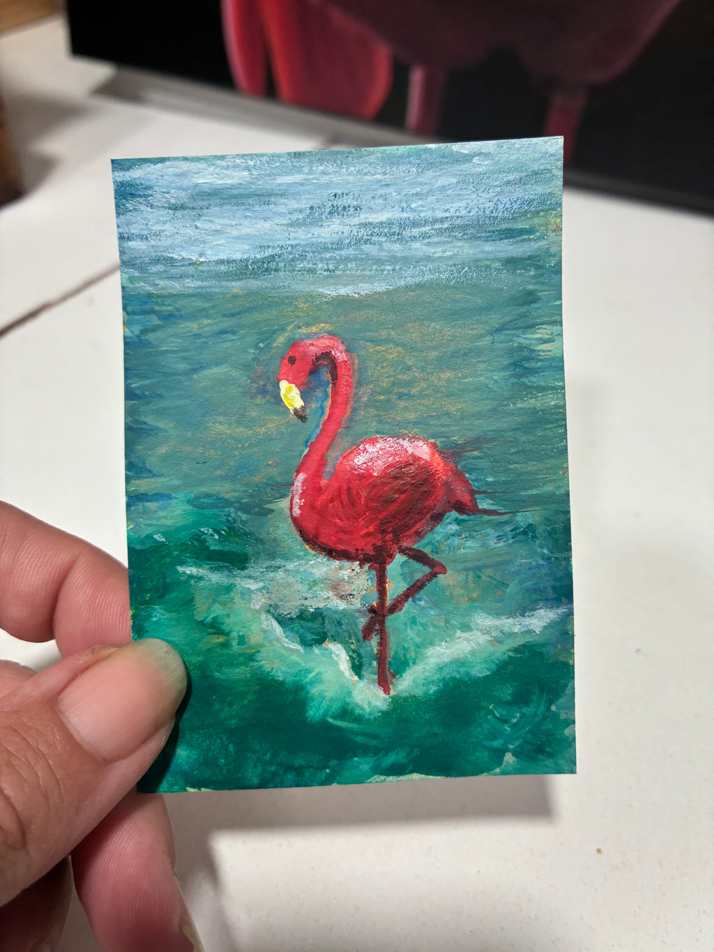 (ACEO) Mini art 3.5"x2.5" Pink Flamingo in the Ocean