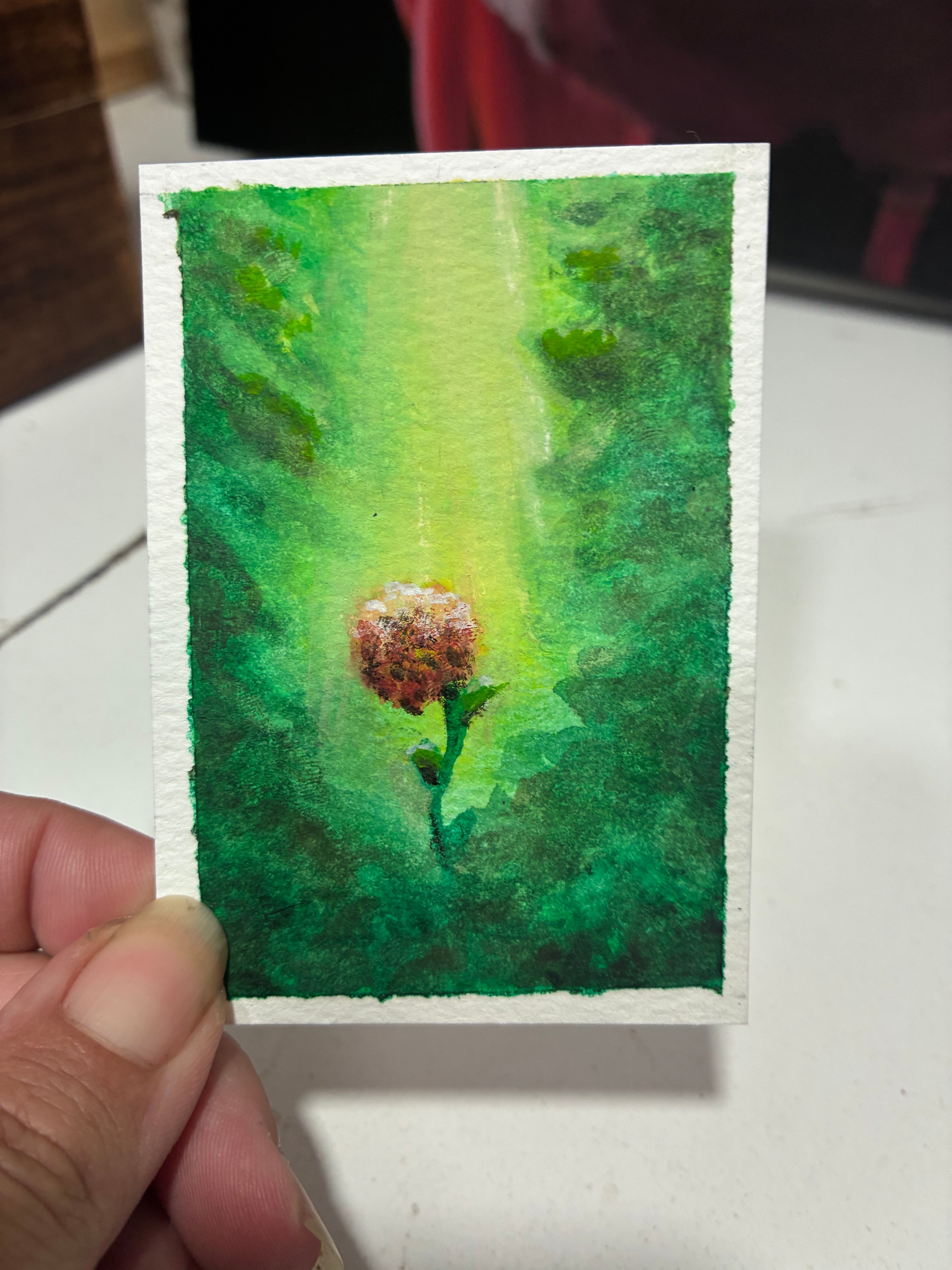 (ACEO) Mini art 3.5"x2.5" Flower on the sunlit forest path