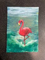 (ACEO) Mini art 3.5"x2.5" Pink Flamingo in the Ocean