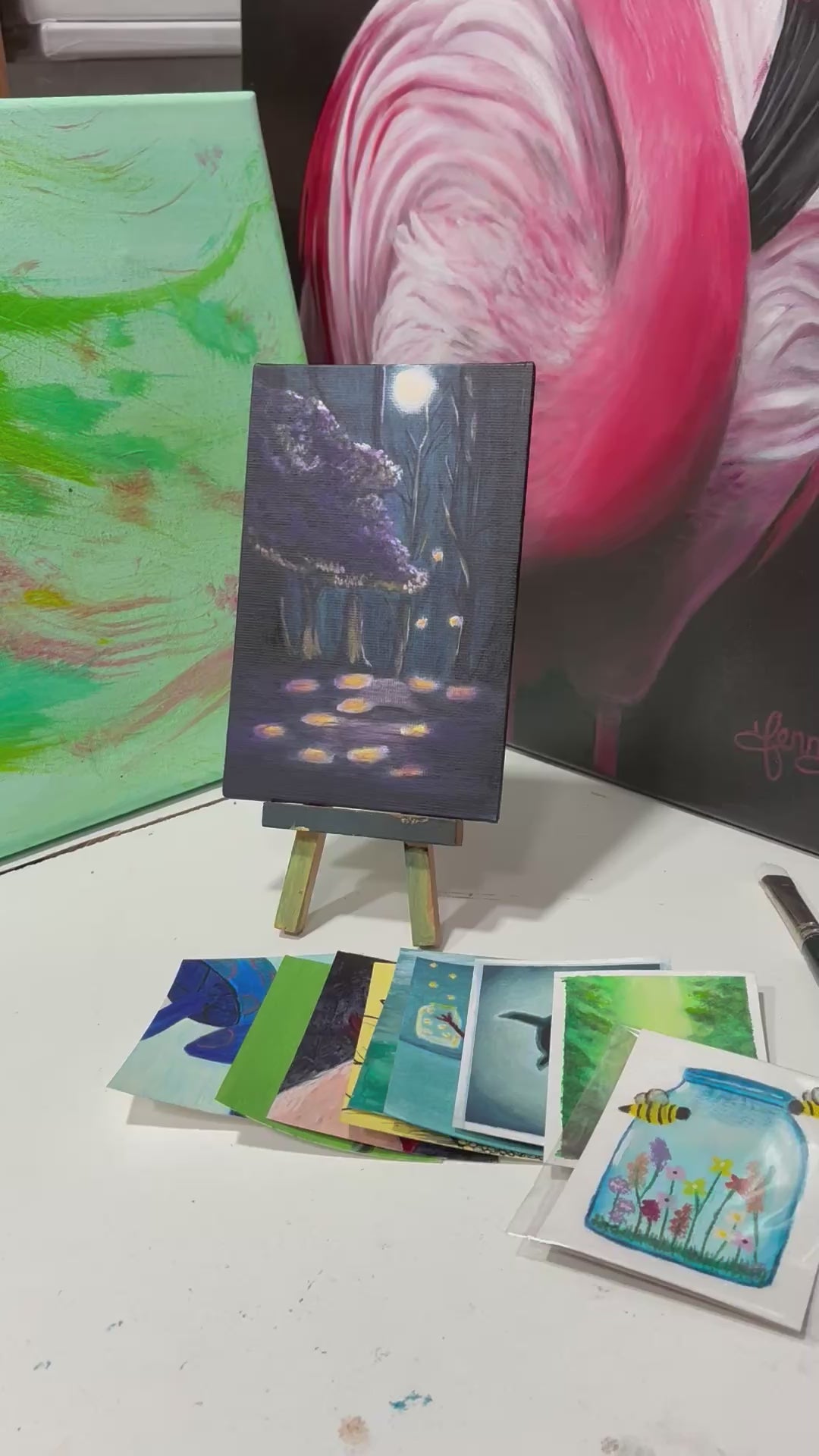 "Moonlit Fireflies" Original Acrylic Painting 4"W x 6"H